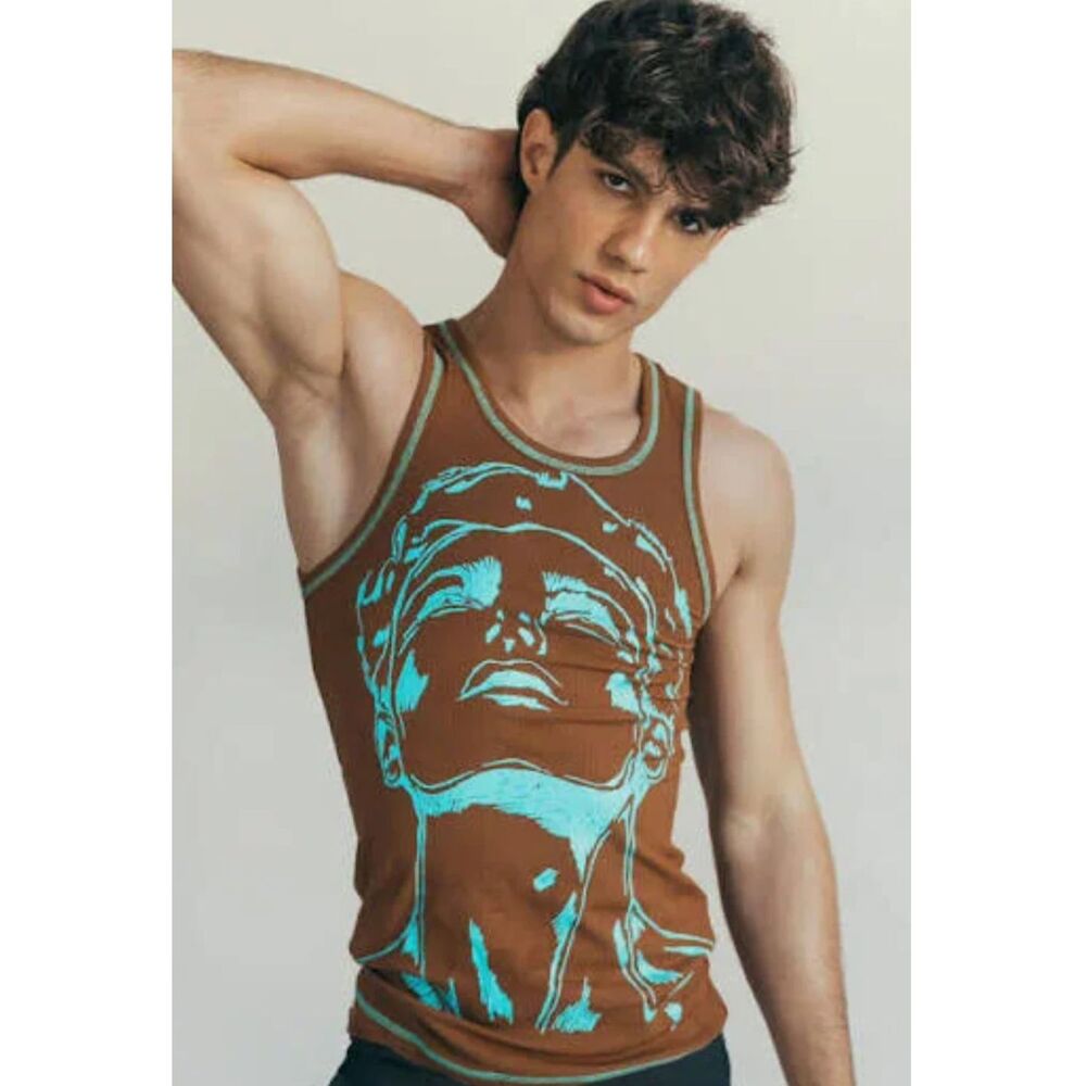 Patrick Church Pretty Boy Brown Teal Ribbed Tank Top Jock Gay Pride Artist L